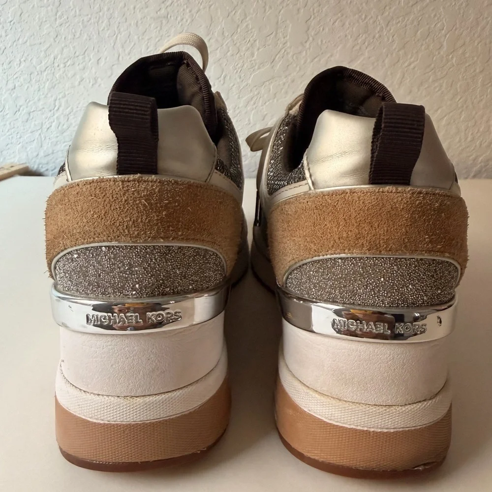 Michael Kors Georgie Mixed-Media Trainers | Silver & Tan Sneakers